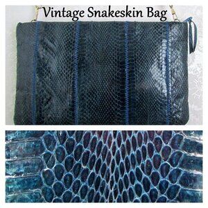 SNAKE SKIN BAG, VINTAGE CLEMENTE CLUTCH, BLUE, REMOVABLE 19" SHOULDER STRAP, EUC
